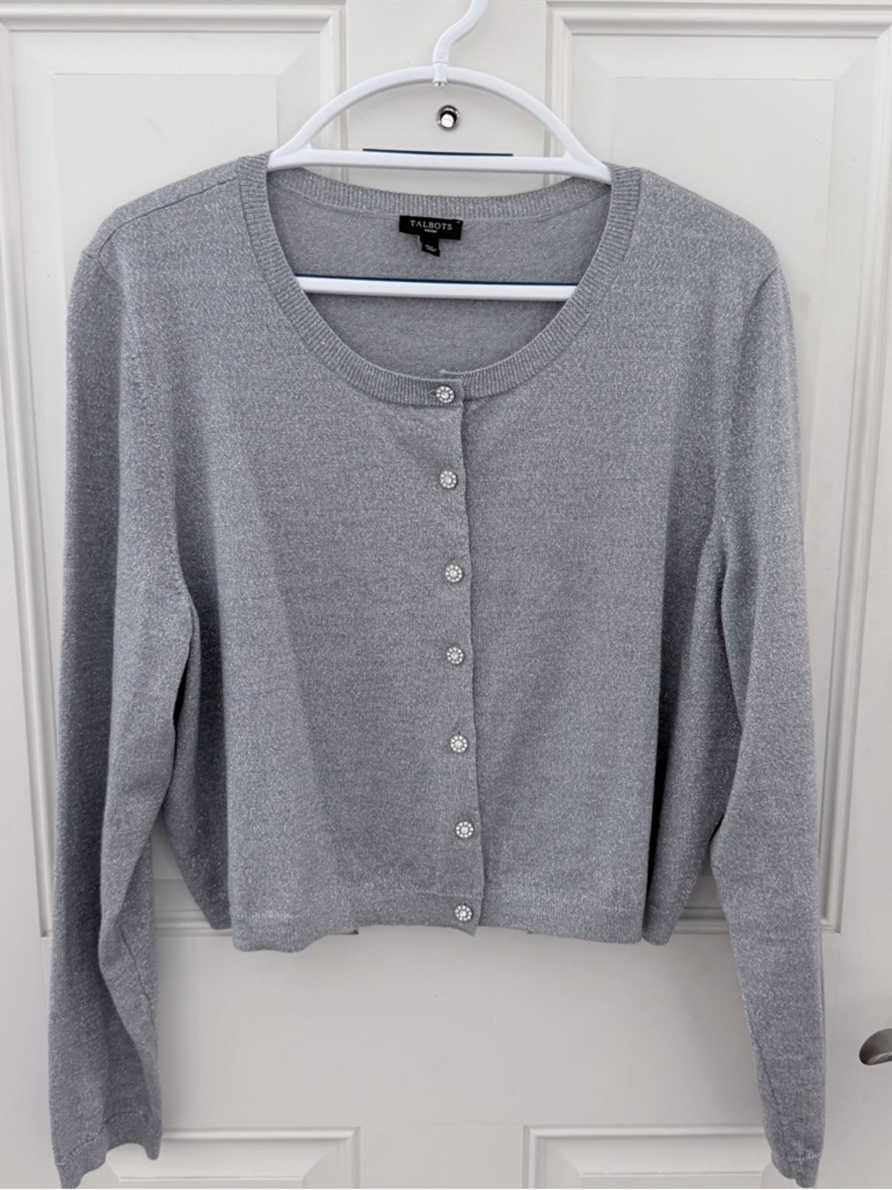 Talbots Cardigan 2X | Silver Metallic Cropped Rhinestone